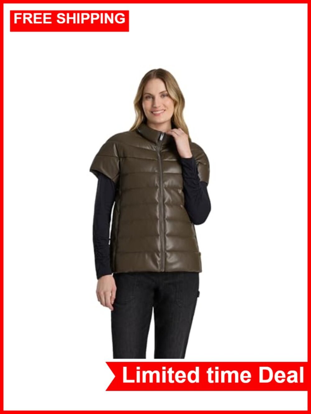 PU Quilted Puffer Vest Lightweight Sleeveless Faux Leather Zip Up